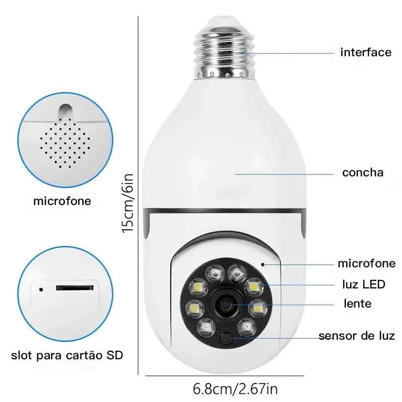 Câmera de segurança wi-fi ip sem fio 360 encaixe lampada aplicativo yoosee ptz full HD visão noturna - bivolt