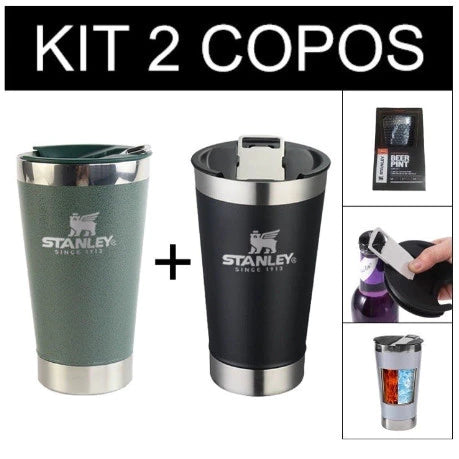 Kit com 2 copos térmico 473ml copo de Inox com tampa e abridor